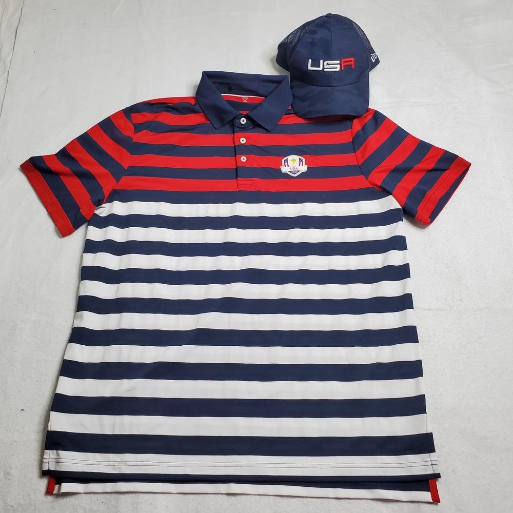 RLX Men Shirt Hat Bundle Red White Blue Ryder Cup 2020 USA Striped Polo Shirt L